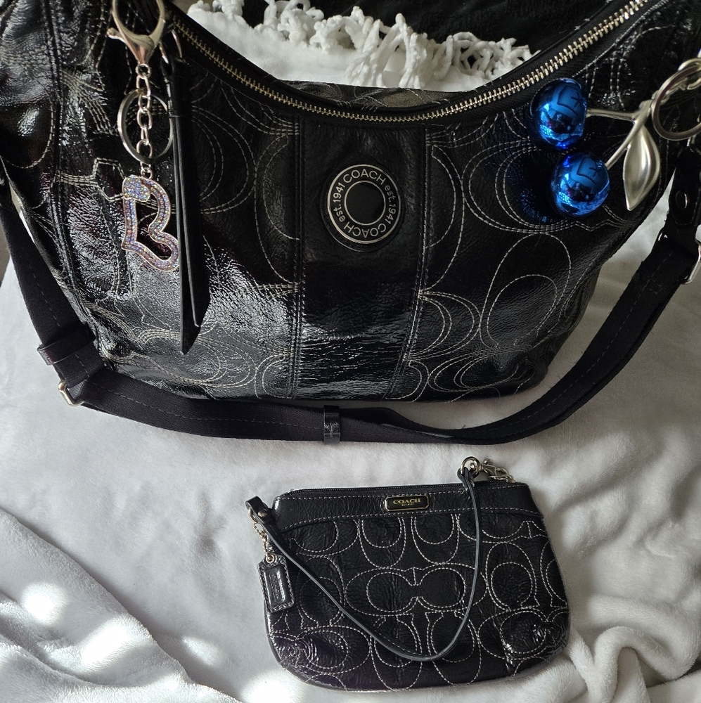 Coach Black Signature Handbag and Wristlet Set